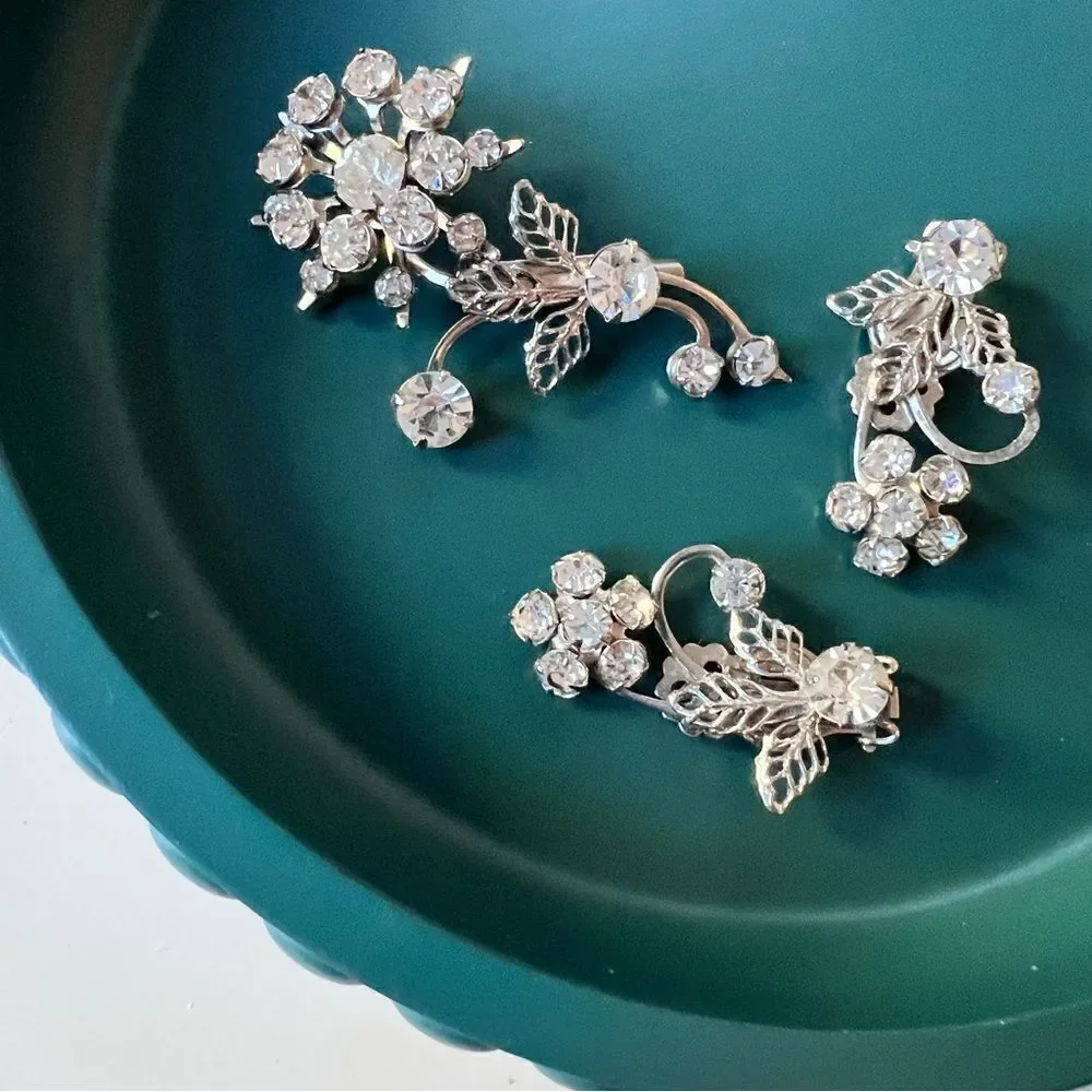 Sparkly 3 Pc Vintage MCM 1950s 1960s Rhinestone Floral Clip Earrings Brooch Set